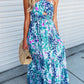 Print Shirred Lace-up Halter Open Back Maxi Dress