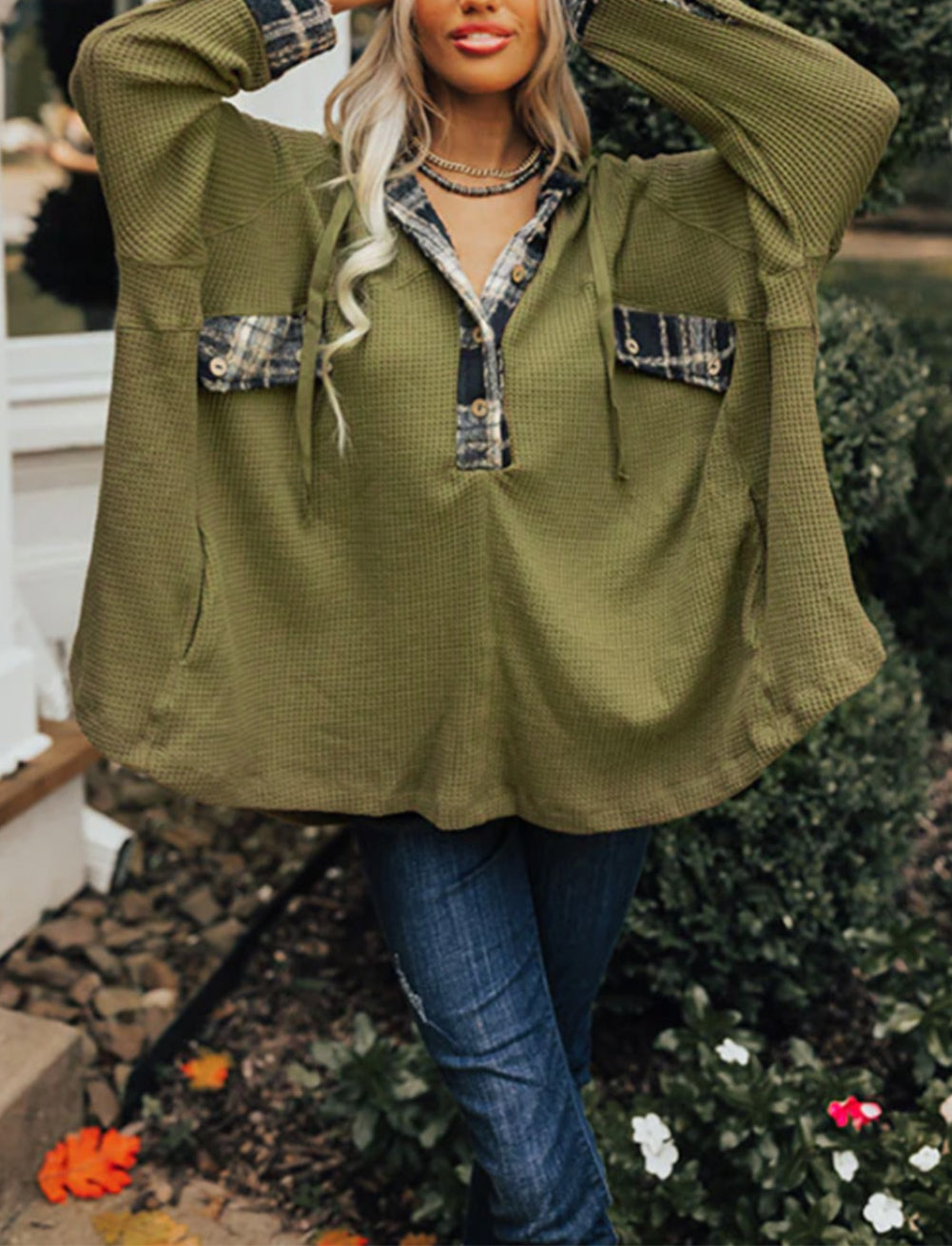 Flowy Plaid Accent Waffle Knit Henley Hoodie