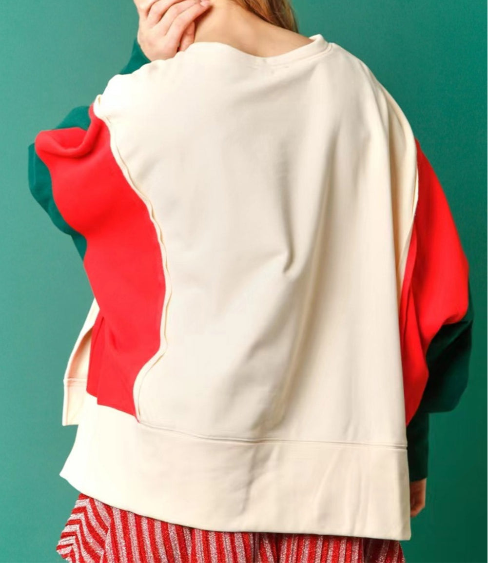 Christmas Tinsel Star Side Slits Colorblock Sweatshirt