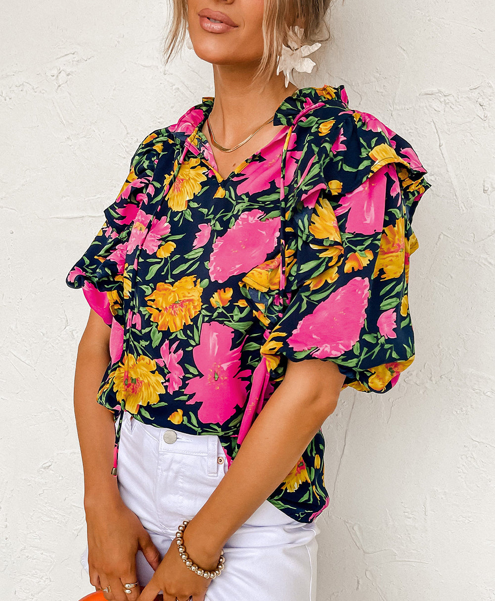 Floral Bubble Sleeve Notch V Neck Ruffled Blouse