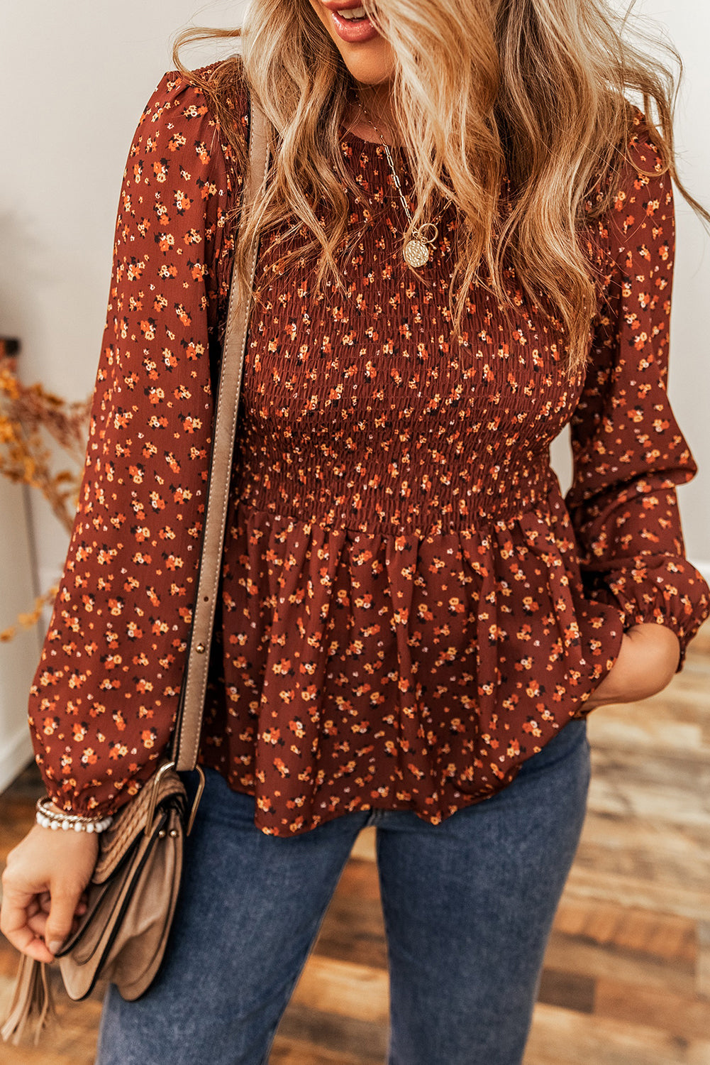 Floral Smocked Bust Ruffled Peplum Blouse