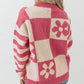 Checkered Floral Print Striped Sleeve Sweater