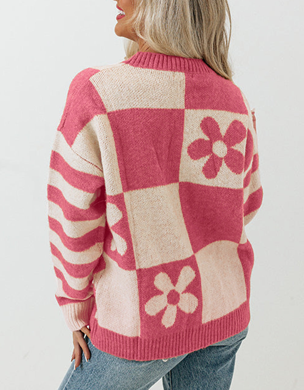 Checkered Floral Print Striped Sleeve Sweater