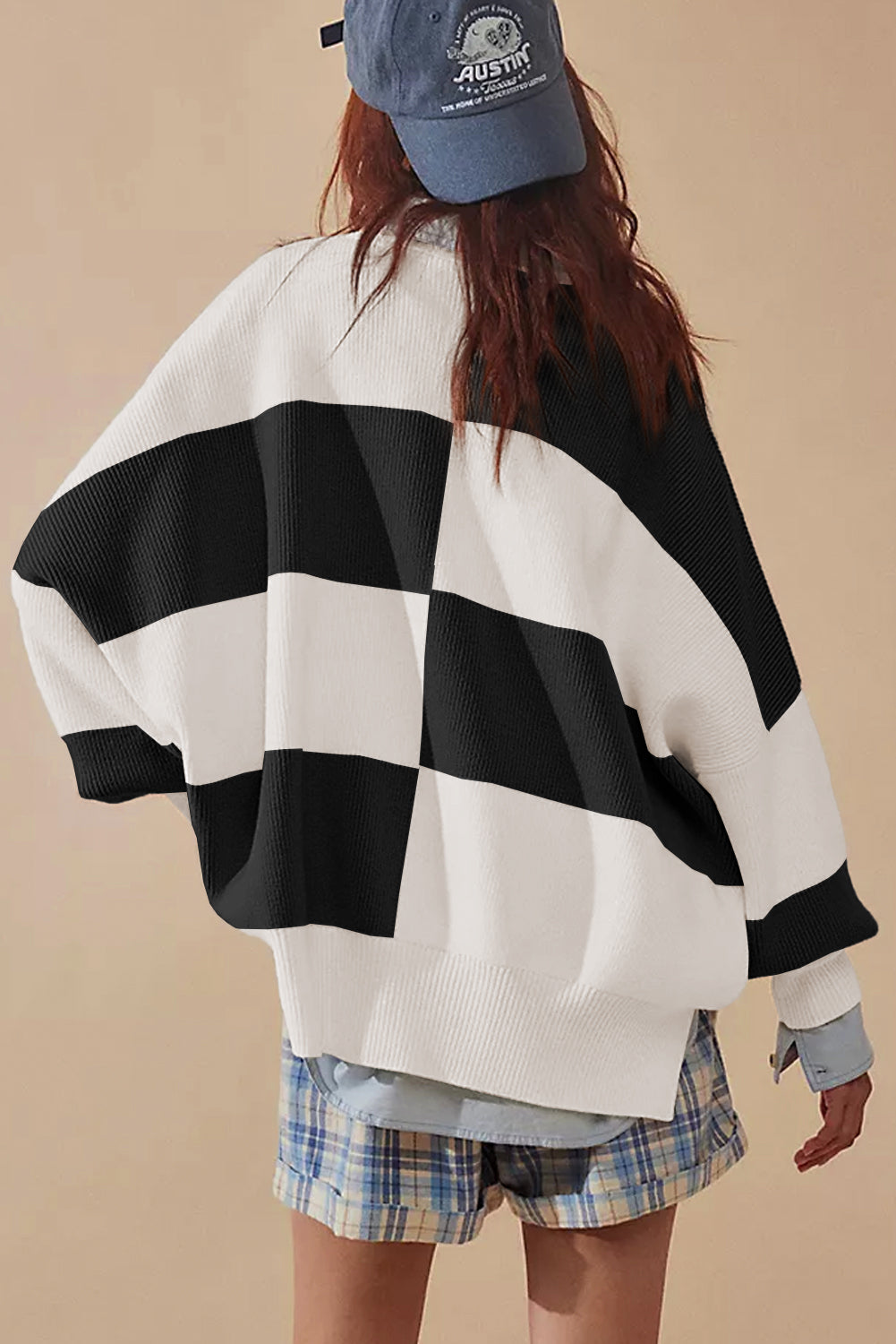 Checkered Side Slits Drop Shoulder Oversized Sweater