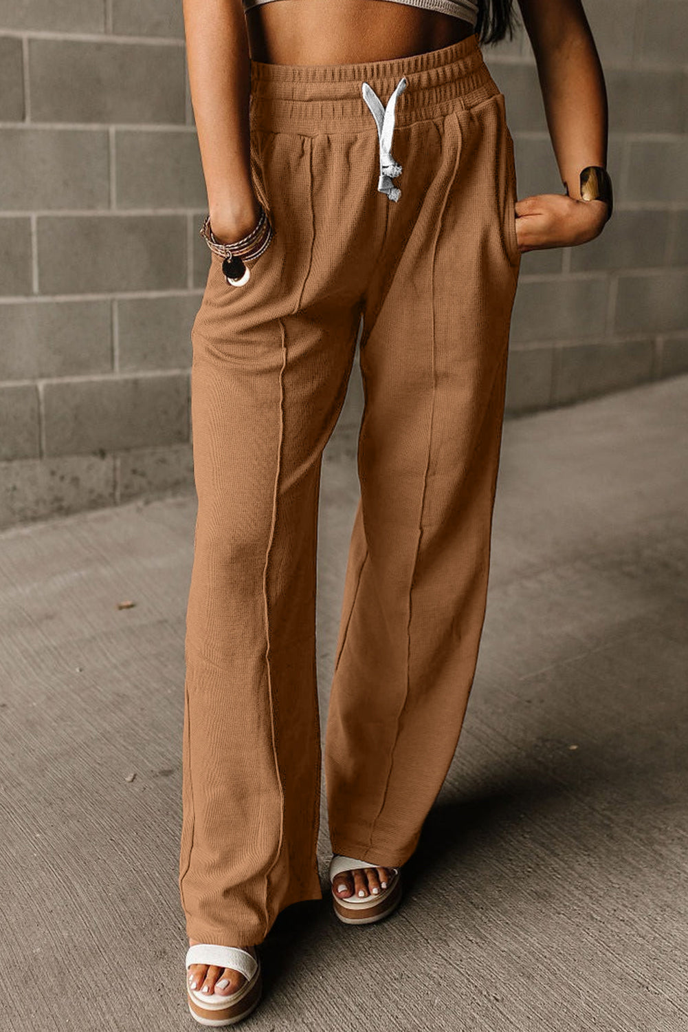 Drawstring High Waist Wide Leg Waffle Knit Pants