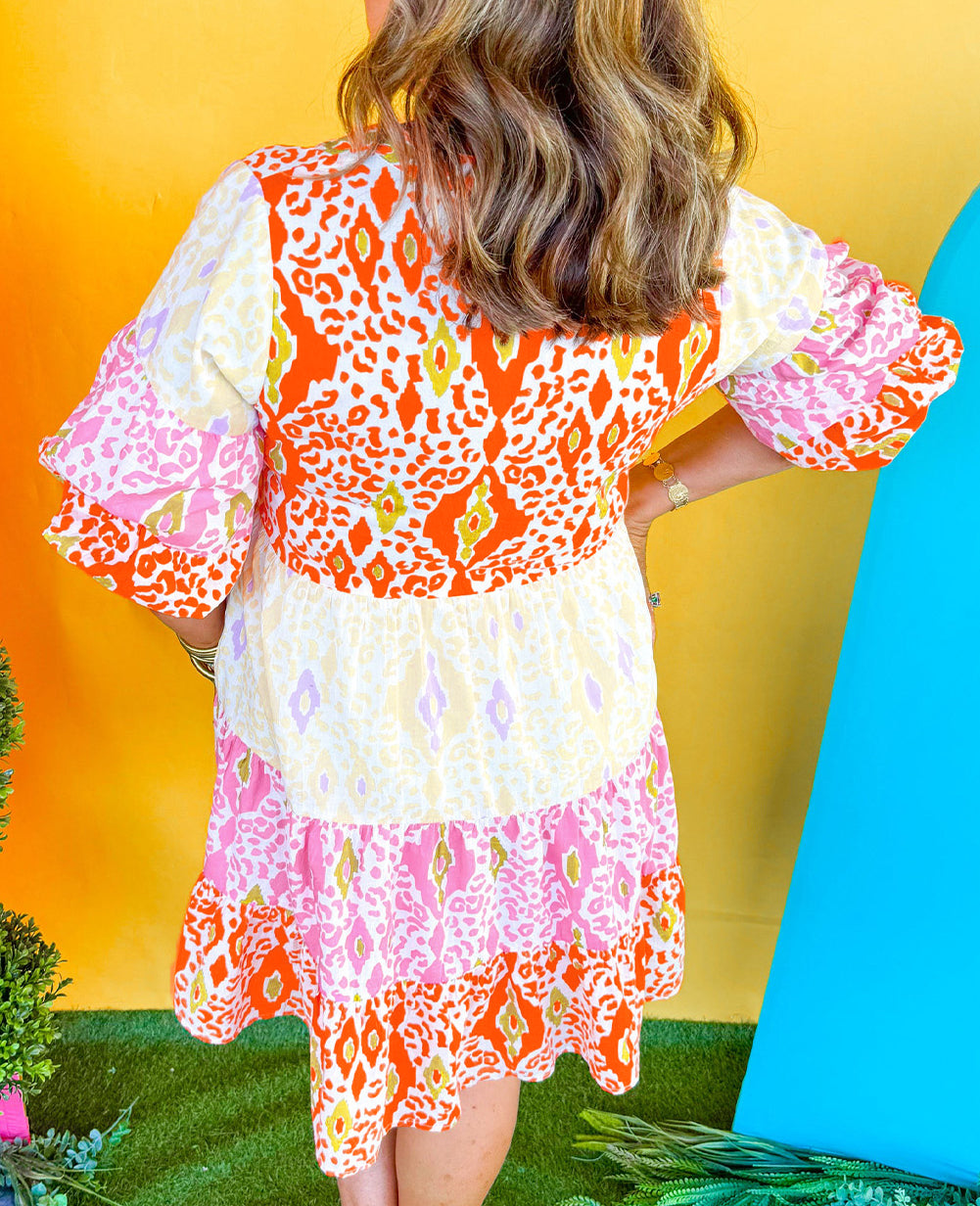 Leopard Puff Sleeve Slit Neck Plus Babydoll Dress