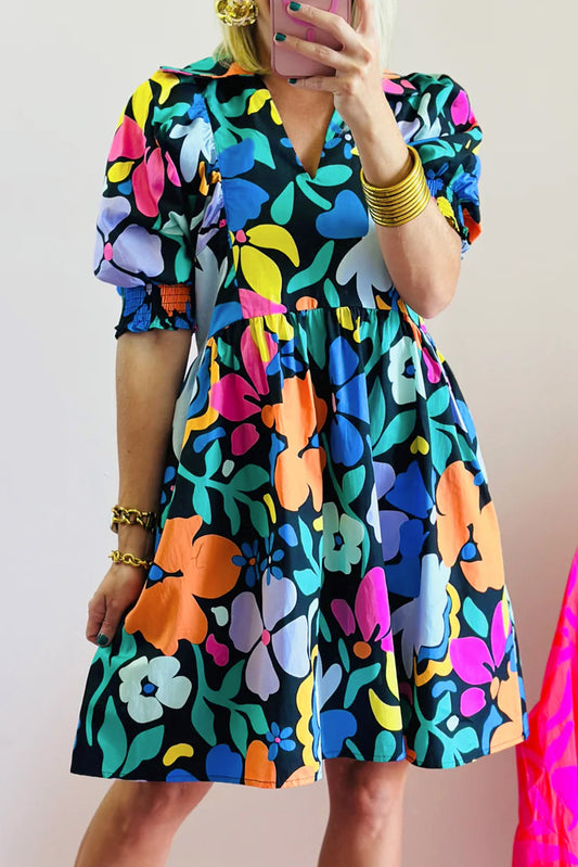 Collared Split Neck Floral Flared Dress