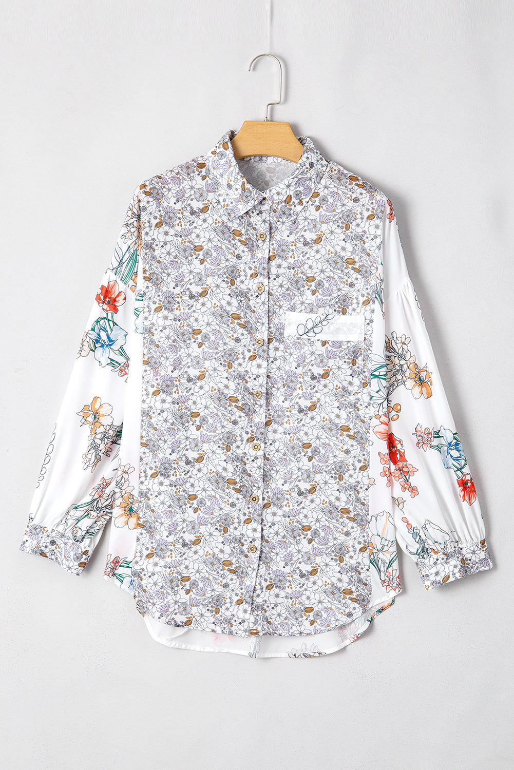 Boho Floral Bishop Sleeve Button Up Loose Shirt