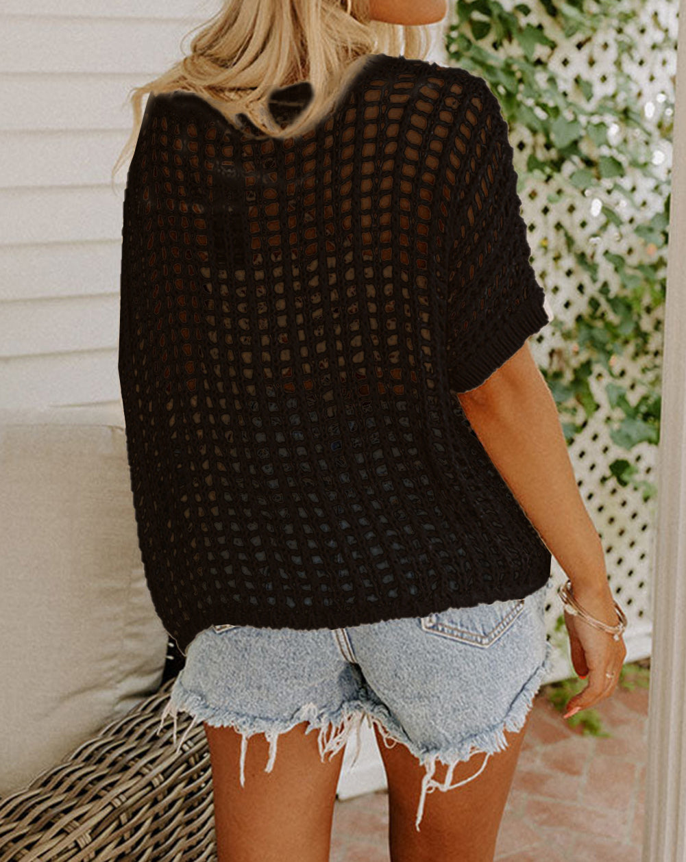 Fishnet Knit Ribbed Round Neck Short Sleeve Sweater Tee