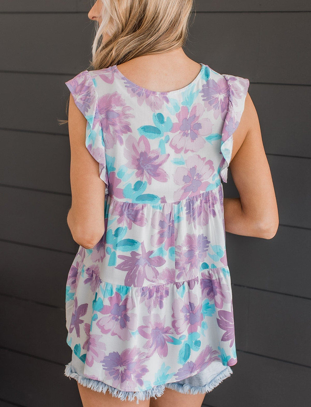 Purple Watercolor Floral Ruffled V Neck Tank Top
