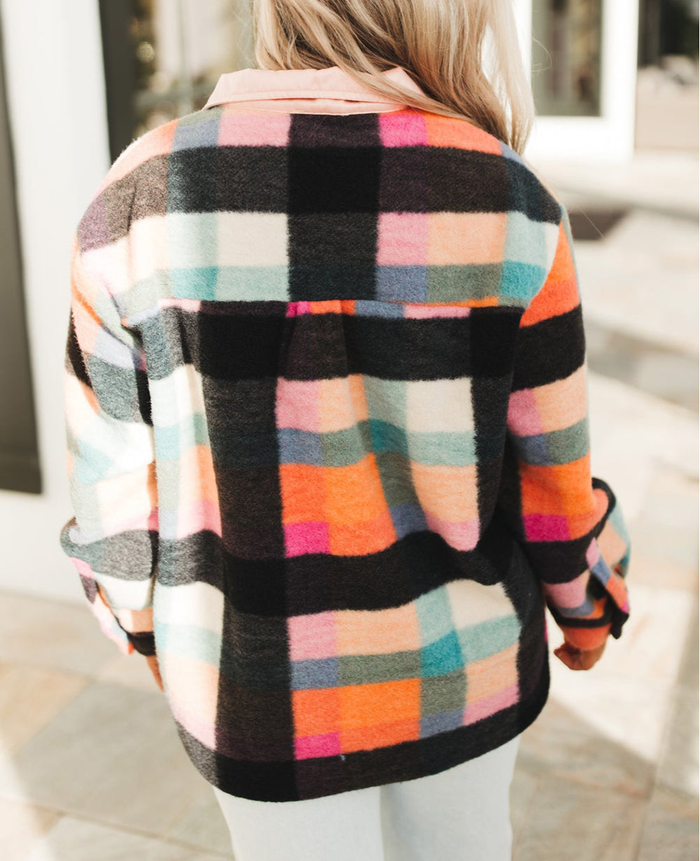 Plus Size Checkered Print Sherpa Henley Sweatshirt