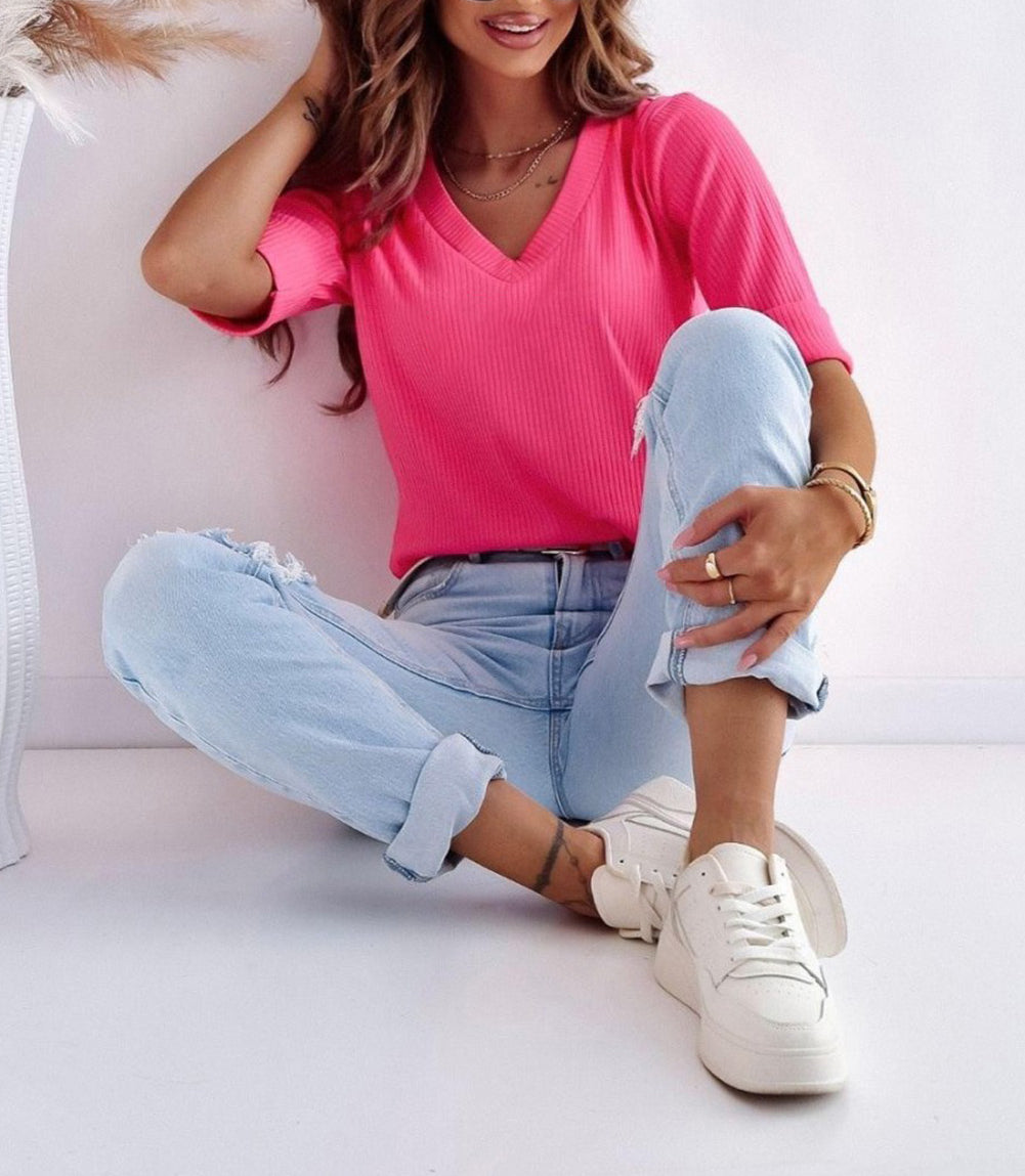 Rose Ribbed V Neck Rolled Short Sleeve T Shirt