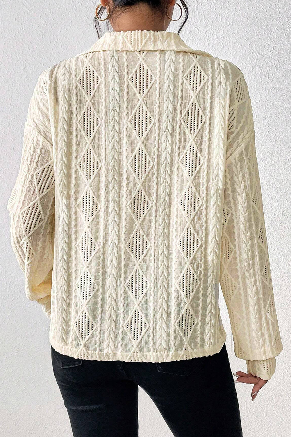 Cable Rhombus Texture Collared Split Neck Top