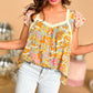 Lace Trim Mix Floral Printed Contrast Ruffle Sleeve Blouse