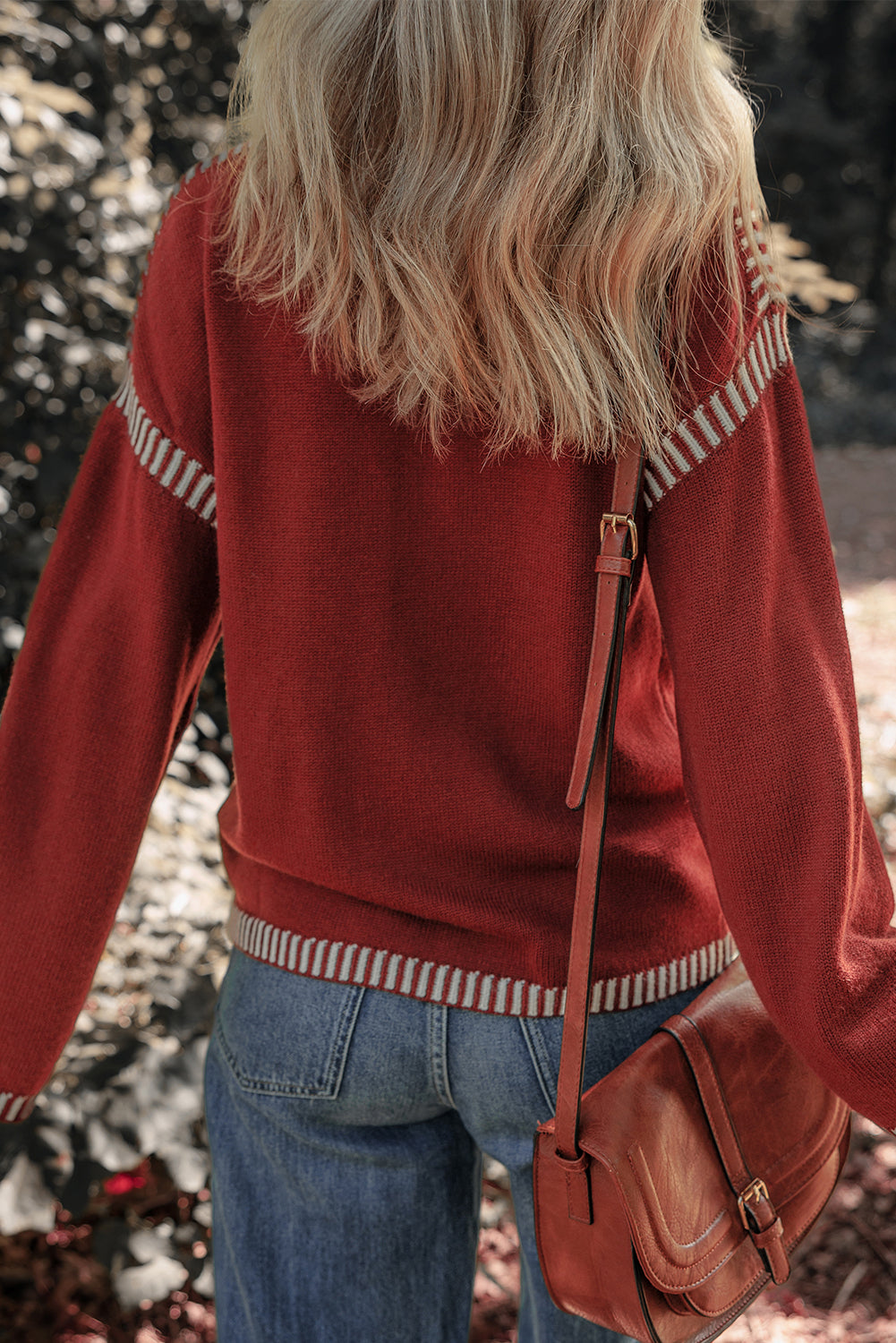 Color Contrast Trim Drop Shoulder Crew Neck Sweater