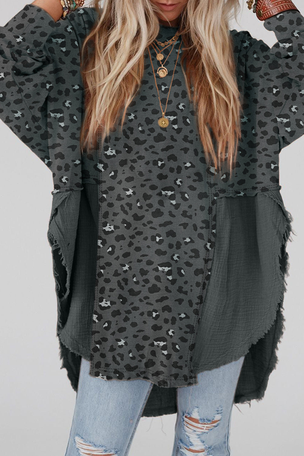 Raw Edge Leopard Patchwork Oversized Blouse