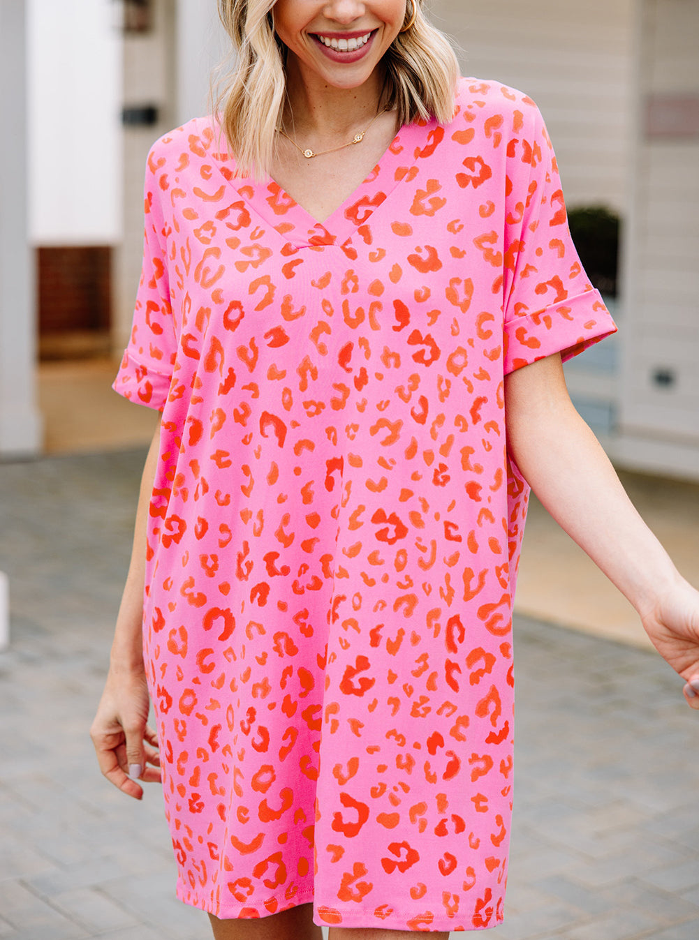 Leopard Print V Neck Shift T-shirt Dress