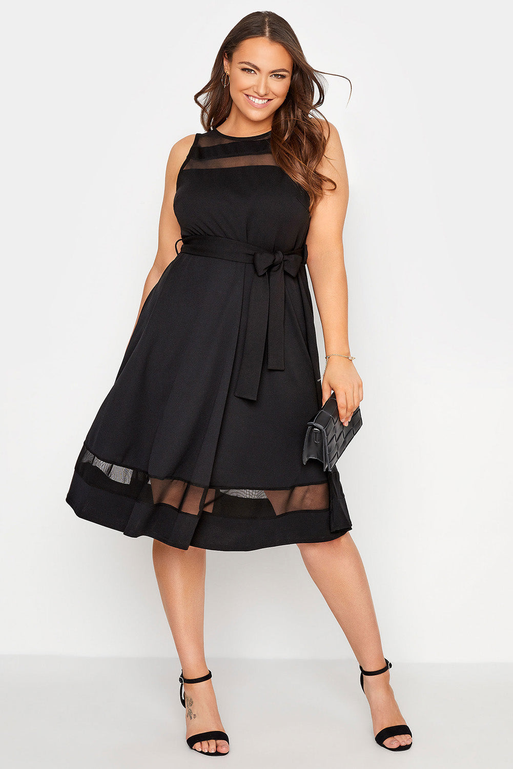 Black Plus Size Mesh Panel Skater Dress
