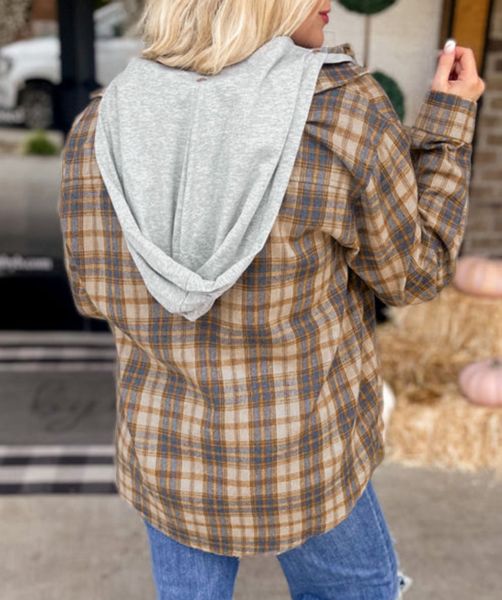 Plus Size Plaid Print Drawstring Hooded Shacket