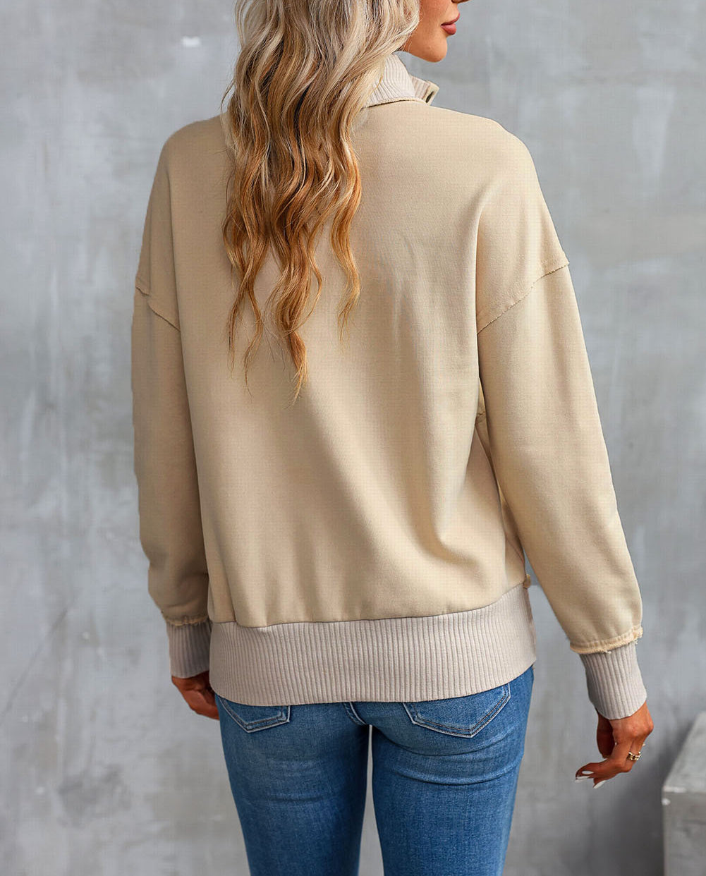 Ribbed Hem Snap Button Neckline Sweatshirt with Pocket