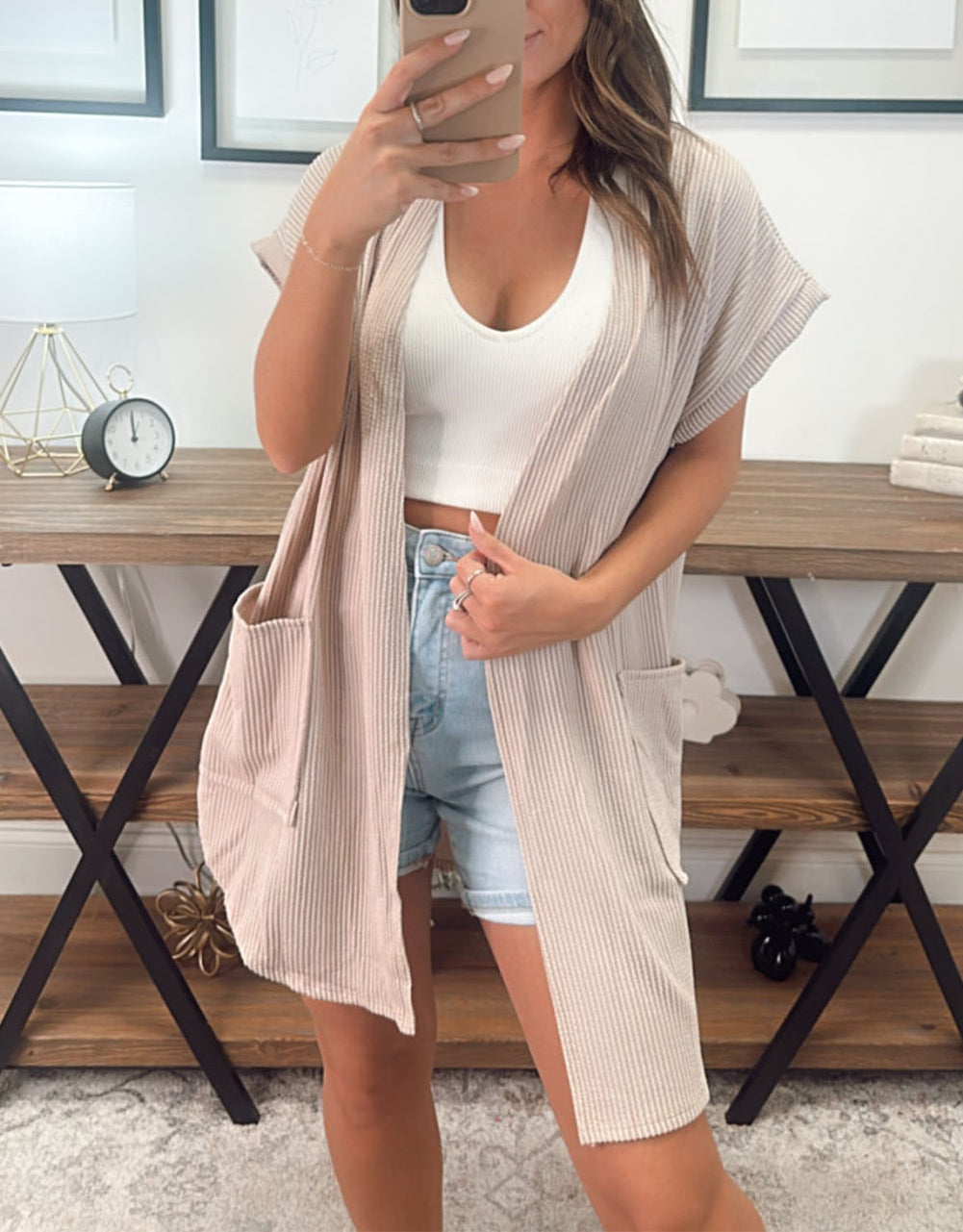 Ribbed Pocketed Short Sleeve Open Front Top