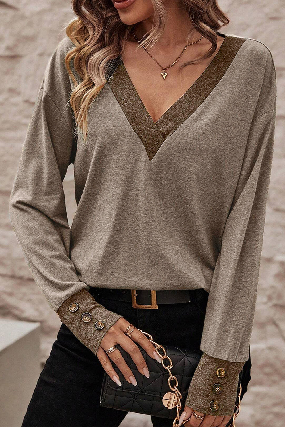 V Neck Button Cuffed Long Sleeve Top