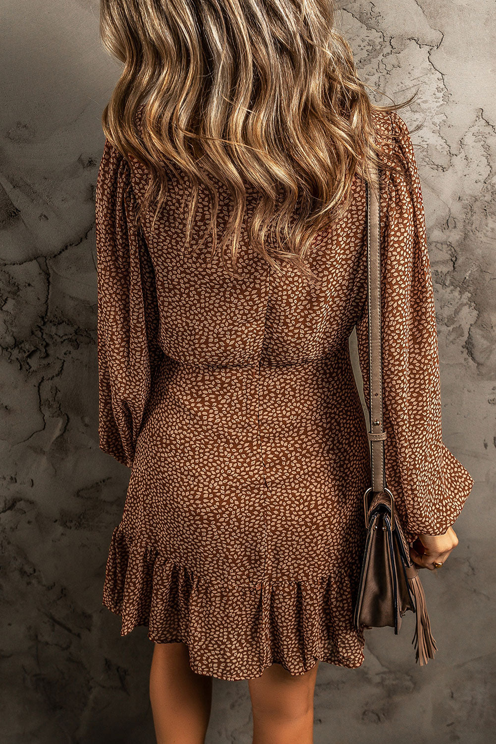 Leavy Print Long Sleeve Cinched Waist Ruffled Dress