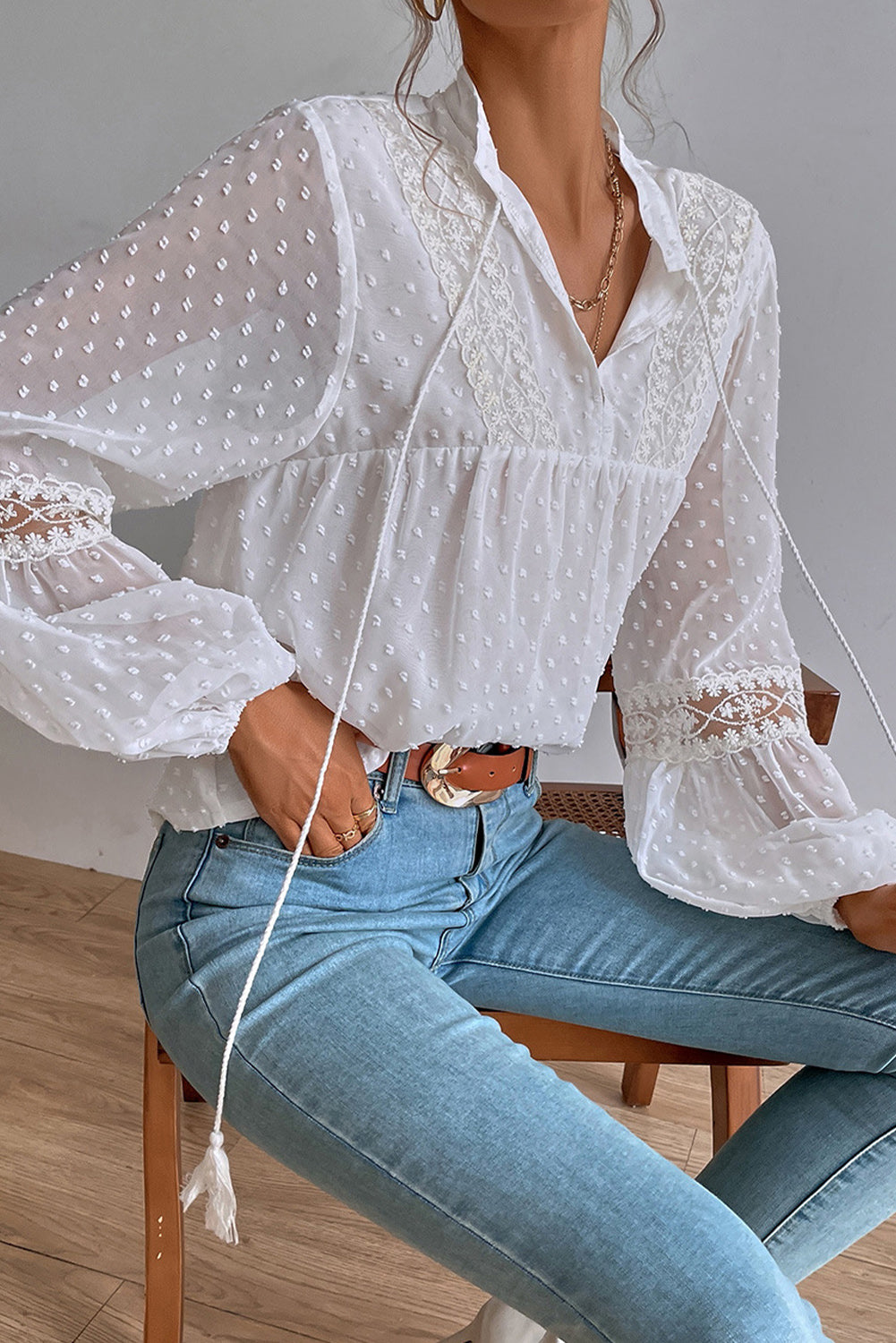 Swiss Dot Drawstring Balloon Sleeve Babydoll Blouse