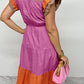Color Block Tiered Notched Neck Ruffle Sleeve Dress