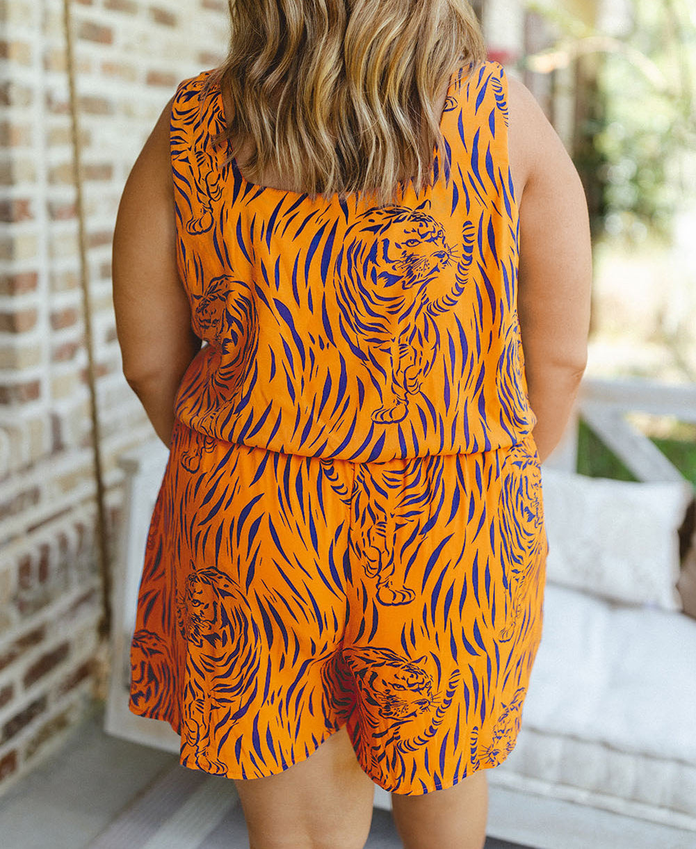 Plus Size Tiger Print Sleeveless V Neck Romper