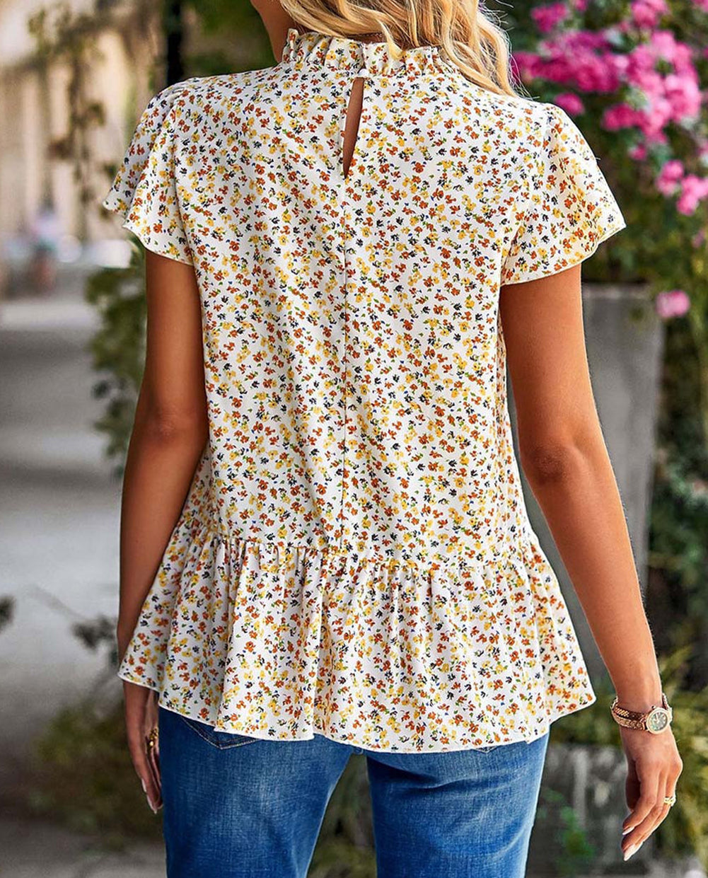 Floral Frilled Collar Ruffled Short Sleeve Blouse
