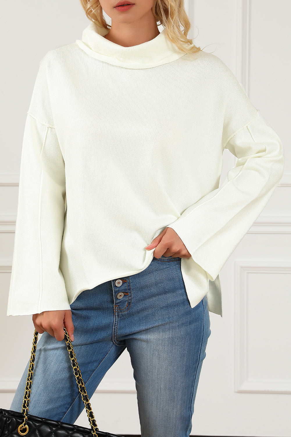 Expose Seam Turtle Neck Side Slit Oversized Sweater