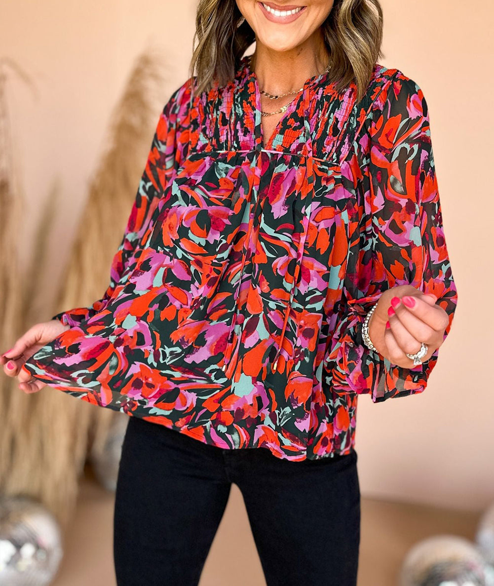 Floral Shirred Detail Puff Sleeve Blouse