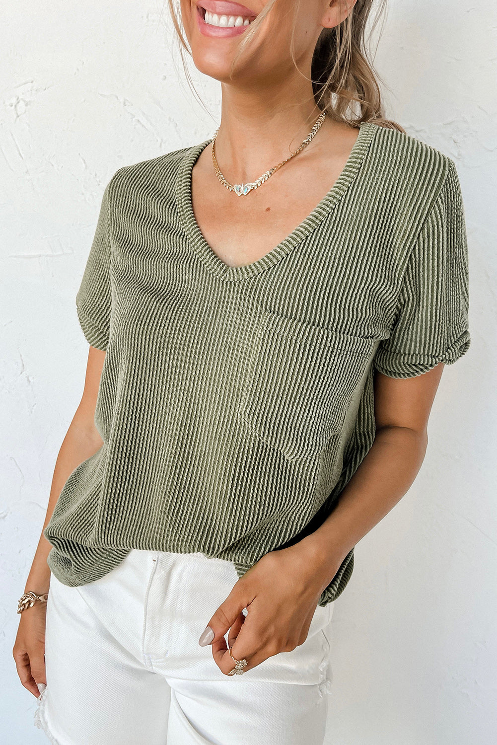 Grey Twist Short Sleeve Corded V Neck Top