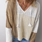 Colorblock Hollow-out Front Tie V Neck Lightweight Sweater