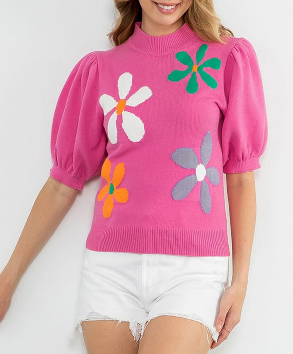 Floral Bubble Short Sleeve Sweater