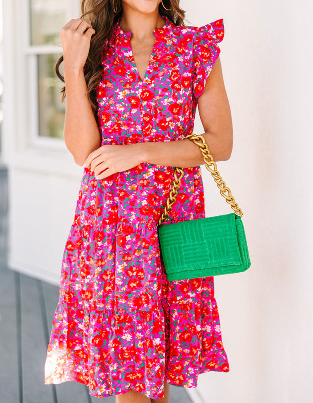 Red Boho Floral Flutter Sleeve Tiered Ruffled Dress