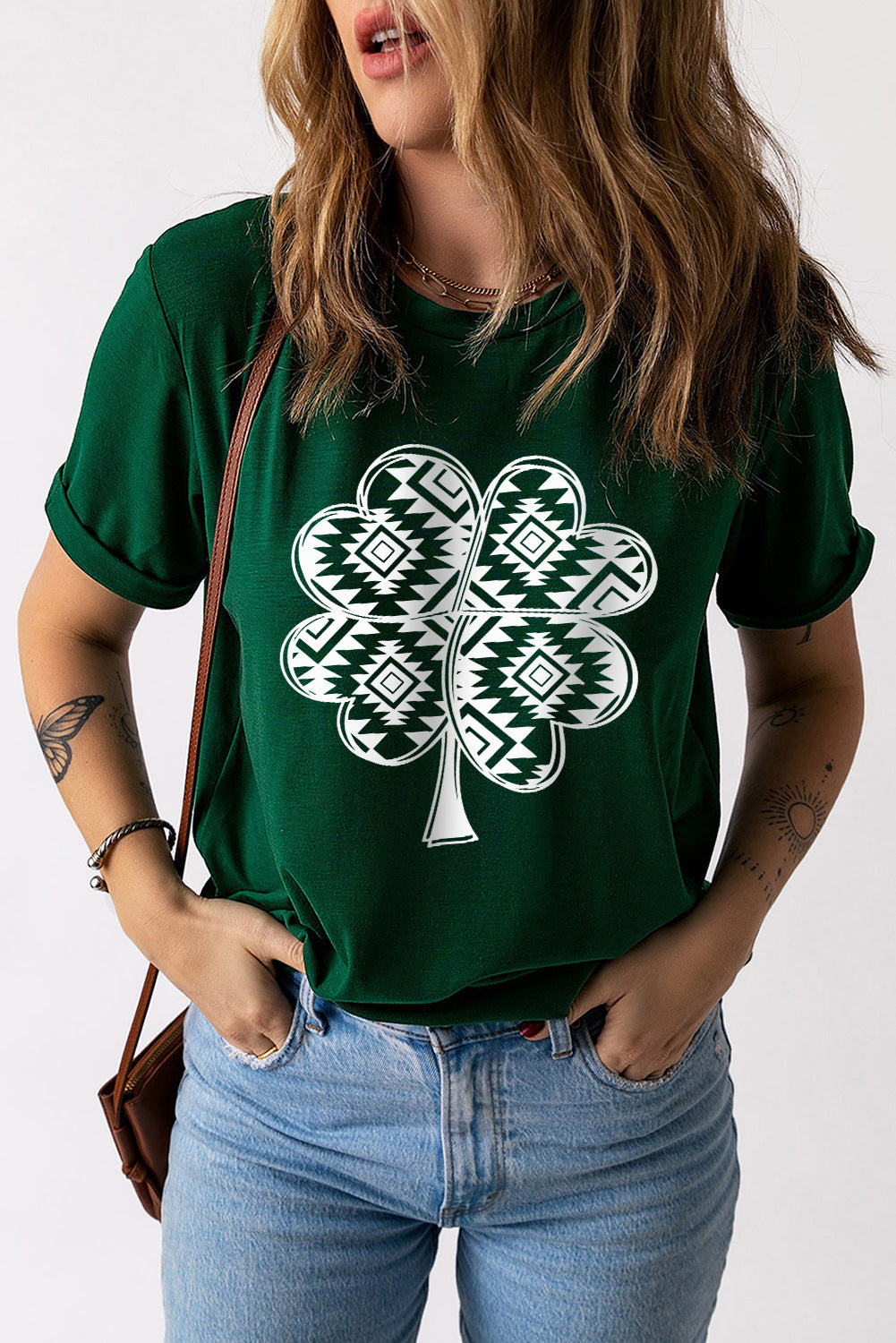 Aztec Clover Print Crew Neck T Shirt