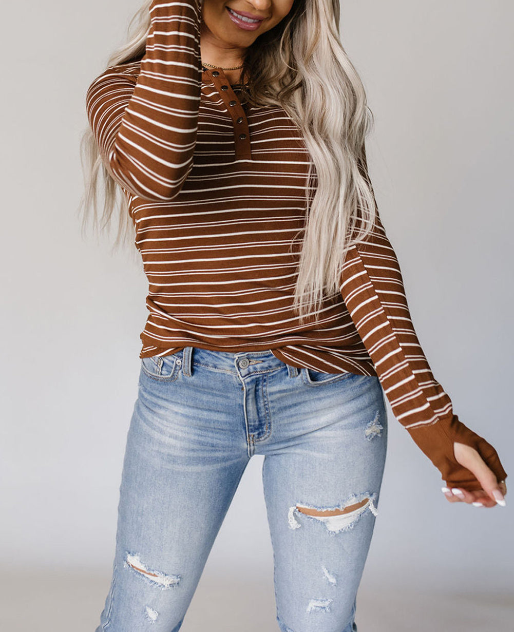 Thumbhole Sleeve Striped Henley Top