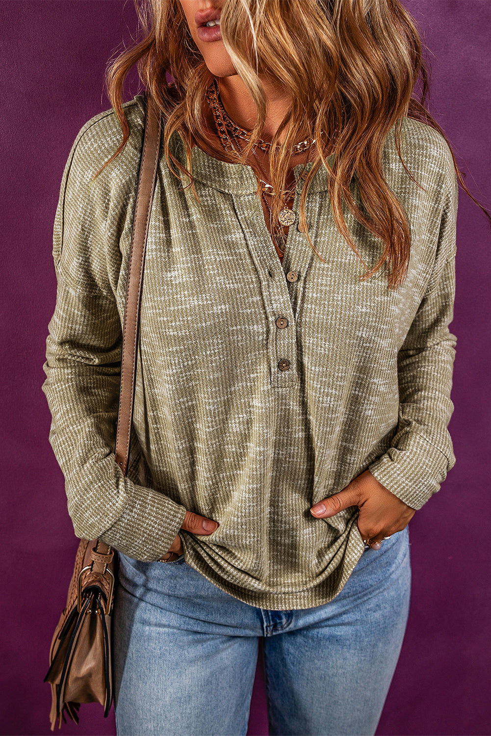 Rib Knit Drop Shoulder Long Sleeve Henley Top