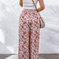 Floral Print Shirred High Waist Wide Leg Pants