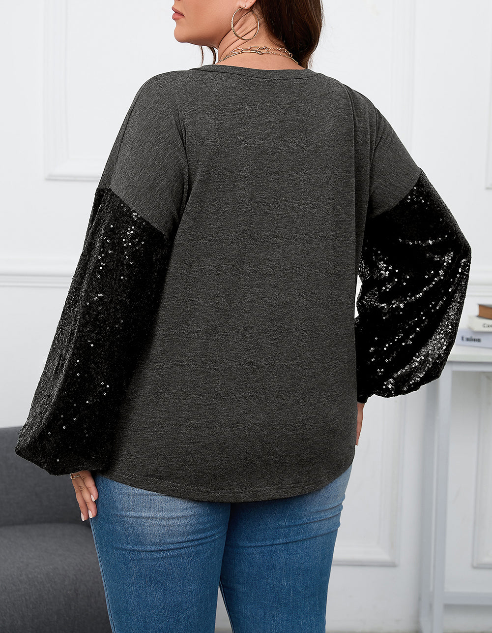 Plus Size Sequin Bubble Sleeve V Neck Knit Top