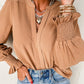 Solid Color Shirred Cuff Notch V Neck Blouse