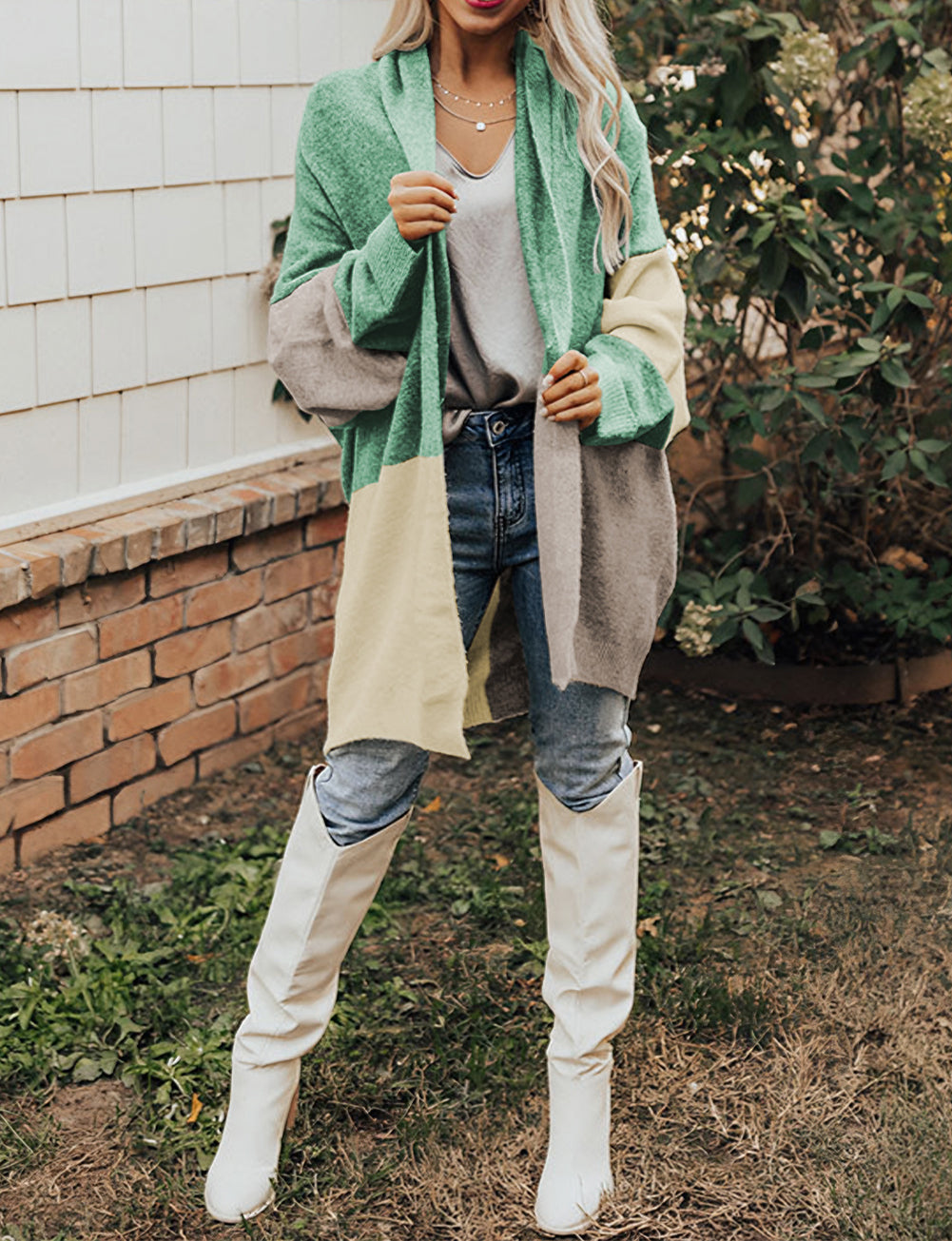 Colorblock Draped Open Front Chunky Cardigan