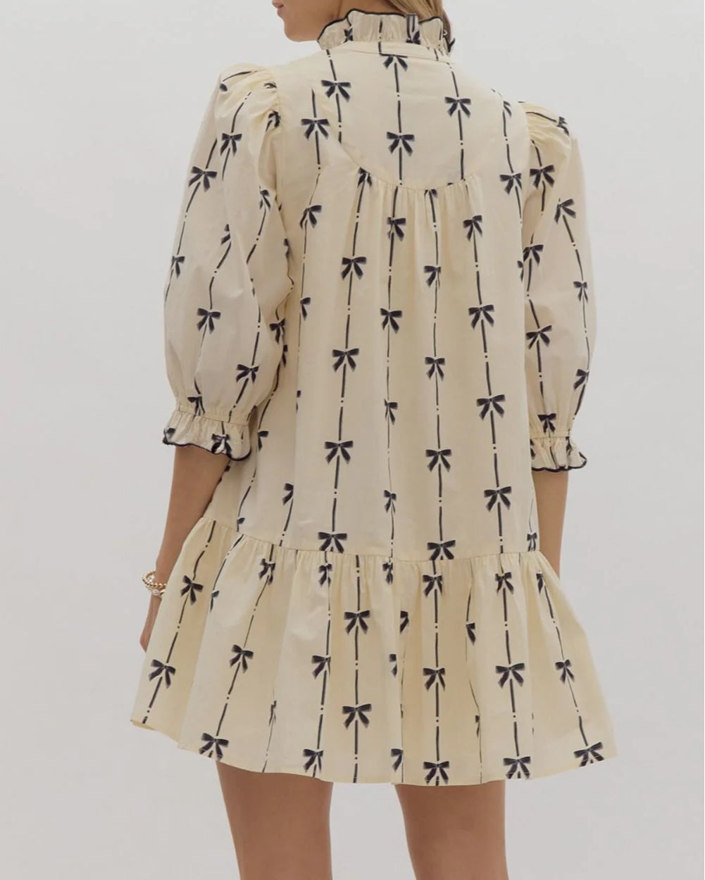 Cute Bowknot Printed Bubble Sleeve V Neck Mini Dress