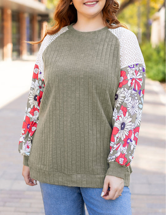 Plus Size Textured Floral Patchwork Raglan Sleeve Blouse