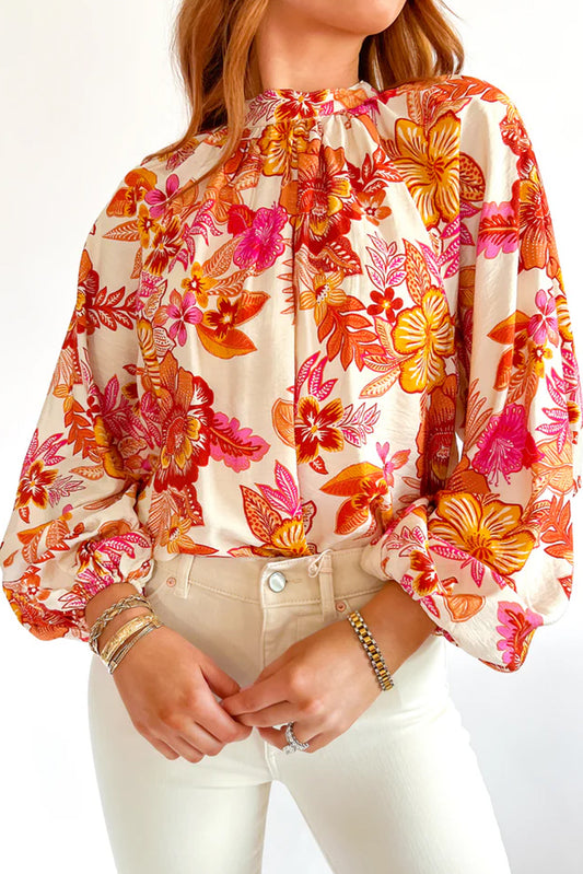 Floral Print Pearl Button Keyhole Long Puff Sleeve Blouse