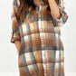 Plaid Roll-tab Sleeve Side Slit Shirt Dress