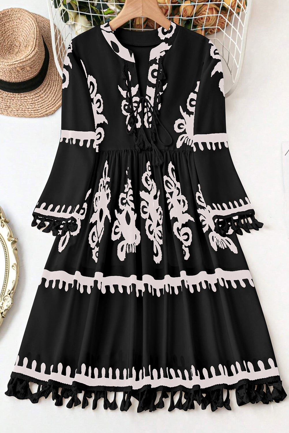 Plus Size Western Floral Print Fringed V Neck Dress