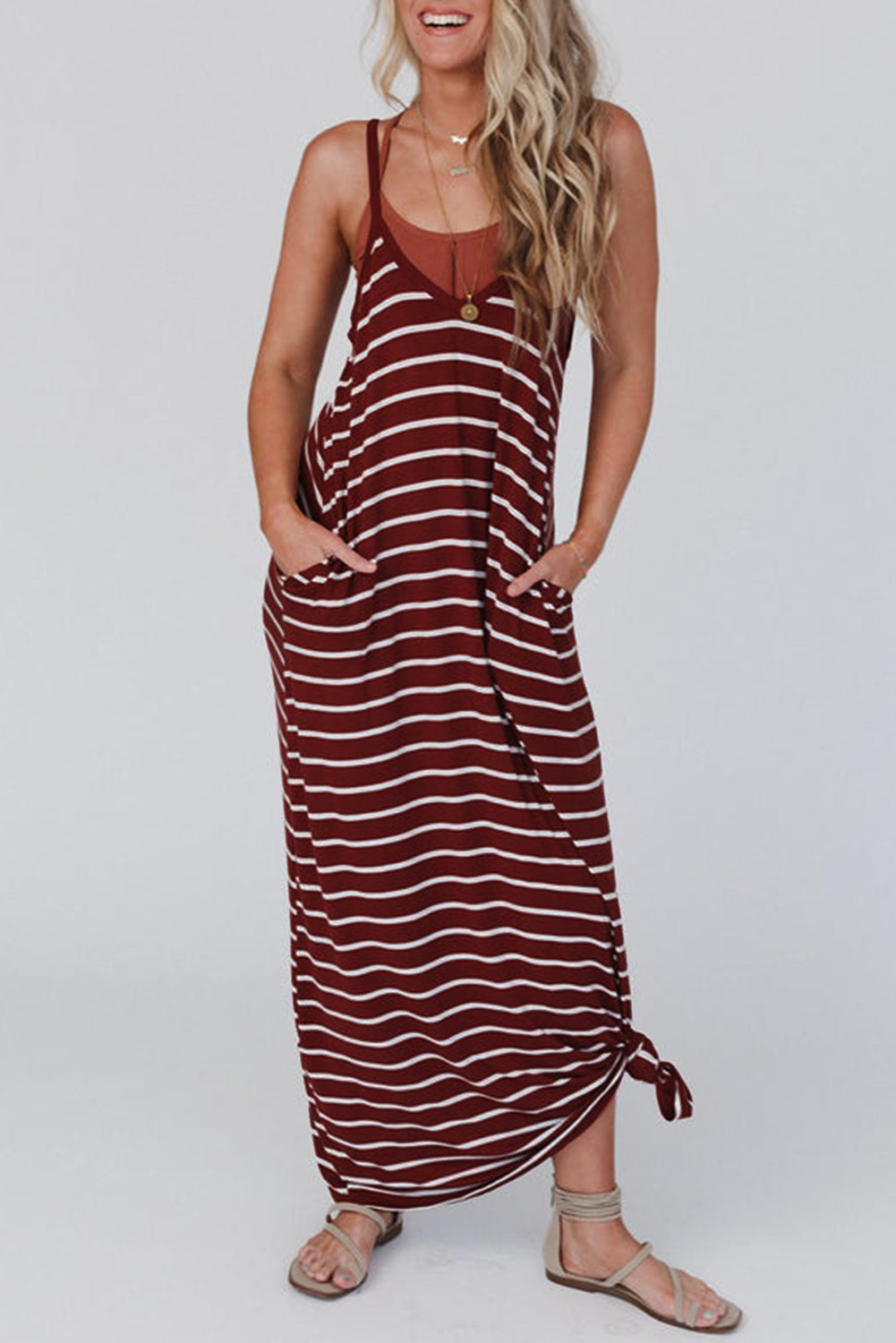 Stripe Side Pockets Spaghetti Straps Maxi Dress